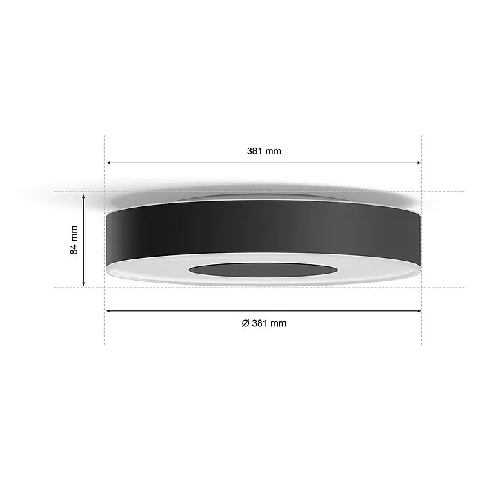 Philips Hue LED-Deckenleuchte rund White and color ambience Infuse M - Ø x H: 38,1 x 8,4 cm, RGBW - Produktabbildung einer schwarzen Deckenleuchte mit den Maßen 381 mm Durchmesser und 84 mm Höhe, ideal für moderne Innenräume.