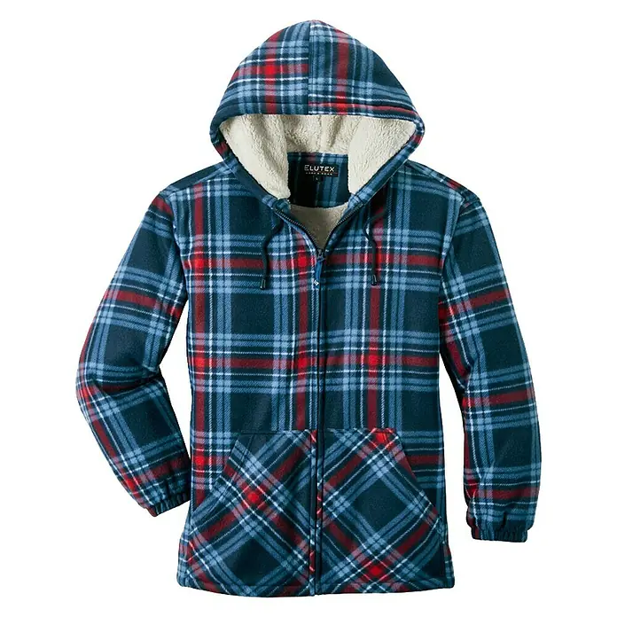 Scheibler Thermojacke - Rot/Blau, XXL - Flanell-Fleecejacke mit Kapuze und Reißverschluss von ELUTEX, mit stilvollem blau-rotem Karomuster und weichem Sherpa-Futter.