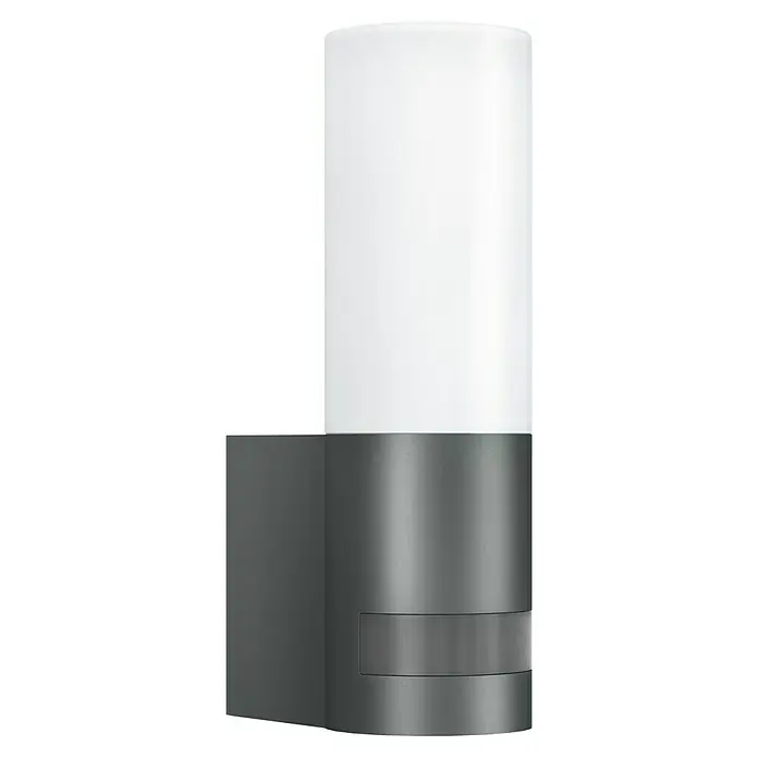 Steinel LED-Sensor-Außenwandleuchte L 605 S anthrazit - 11,3 W, L x B x H: 13,1 x 7,8 x 26 cm, Anthrazit, Warmweiß - Die moderne Wandleuchte verfügt über einen zylindrischen Lampenschirm und eine robuste, graue Halterung, die eine elegante Beleuchtungslösung darstellt.