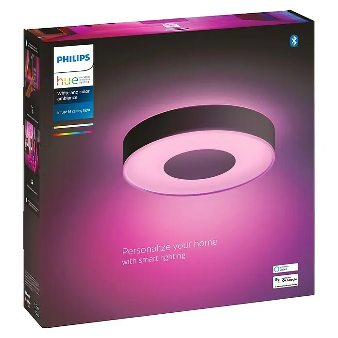 Philips Hue LED-Deckenleuchte rund White and color ambience Infuse M - Ø x H: 38,1 x 8,4 cm, RGBW - Die Verpackung der Philips Hue Infuse M Deckenleuchte, die intelligentes, farbiges Ambiente für Ihr Zuhause bietet.