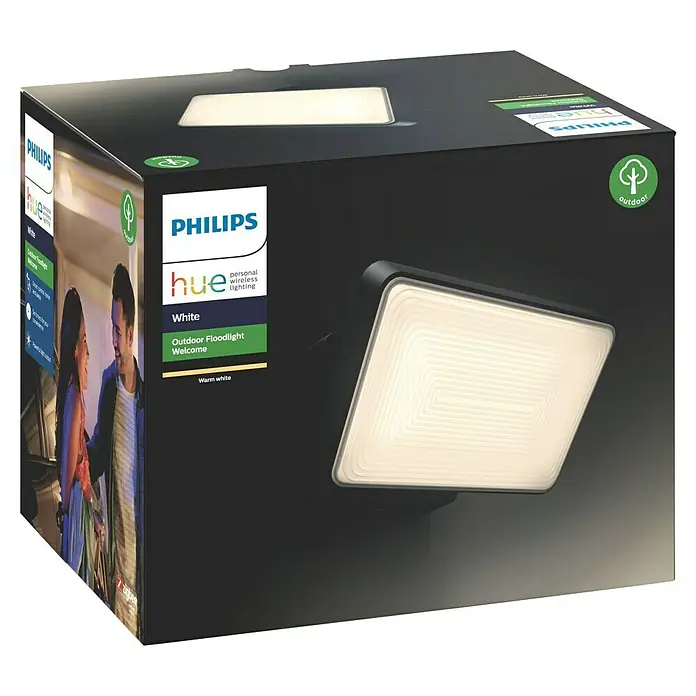 Philips Wiz LED-Außenwandleuchte Welcome - 20,5 W, 16 x 2 x 15,3 cm, Schwarz, IP44 - Die Verpackung einer Philips Hue White Outdoor Floodlight Welcome mit der Abbildung der Leuchte und des Produktnamens.