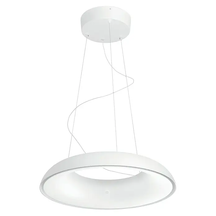 Philips Hue LED-Pendelleuchte rund White Ambience Amaze - 25 W, Ø x H: 43,4 x 150 cm, Weiß - Nahaufnahme einer modernen, weißen LED-Hängeleuchte mit einem eleganten, ringförmigen Design und filigranen Aufhängungen.