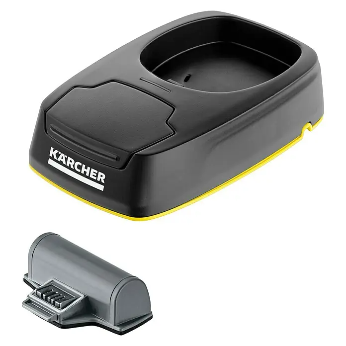 Kärcher Akku & Ladegerät - Akkulaufzeit: 35 min - Kärcher-Batterieladegerät mit gelbem Akzent und ein zusätzlicher Batterieadapter.