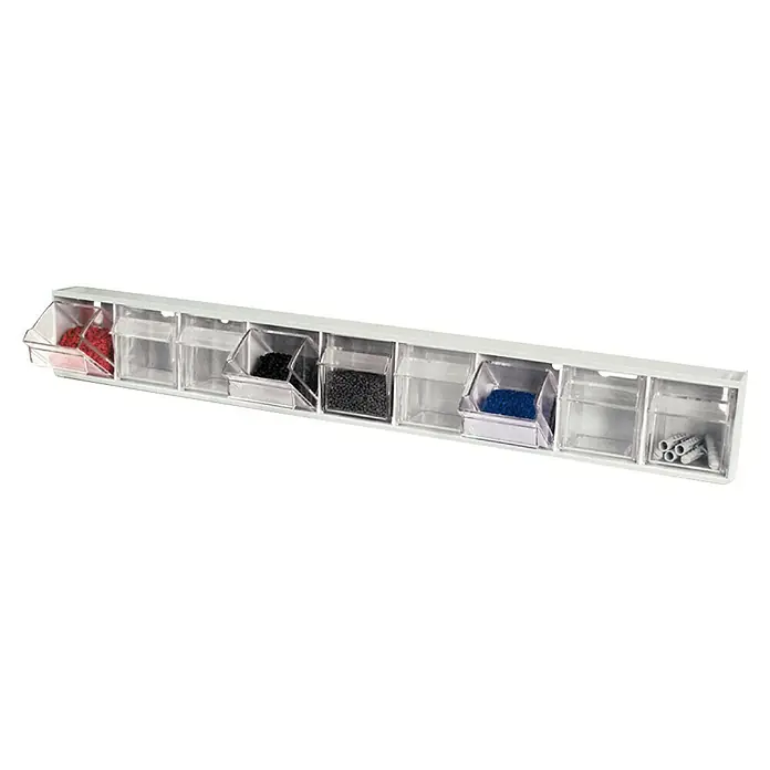 Tayg Organizador con gavetas extraíbles - Número de compartimentos: 9 ud., Transparente - Esta foto muestra un sistema de estanterías con cajas transparentes llenas de gránulos de plástico de colores y tacos. Una solución de almacenamiento ideal.