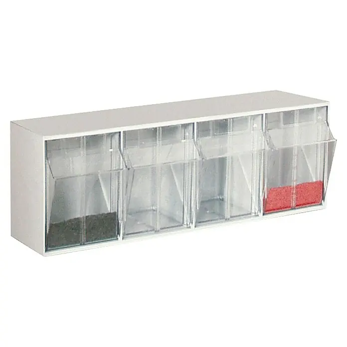 Tayg Organizador de piezas pequeñas - Blanco, Número de cajones: 4 ud., Bandeja extraíble - Un soporte de pared blanco con contenedores transparentes. Ideal para guardar objetos pequeños como tornillos o material de manualidades.