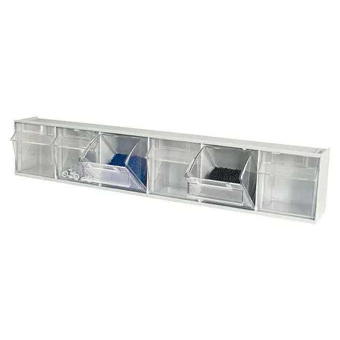 Tayg Organizador de piezas pequeñas con gavetas extraíbles - Blanco, Número de cajones: 6 ud., Bandeja extraíble - Una estantería blanca con contenedores de plástico transparente llenos de tuercas, pernos, gránulos de plástico azul y gránulos de plástico negro.