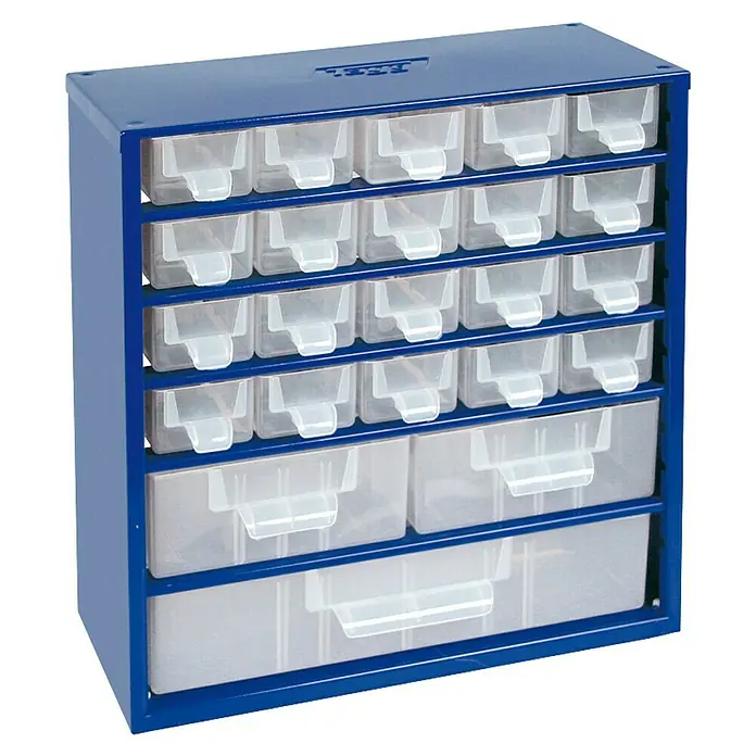 Tayg Organizador de piezas pequeñas - L x An x Al: 14,5 x 32,8 x 30,5 cm, Número de cajones: 23 ud. - Un armario azul con cajones transparentes para guardar piezas pequeñas. Solución de almacenamiento práctica y clara.