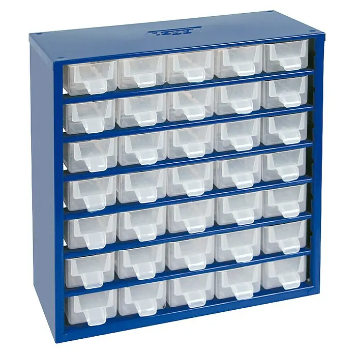 Tayg Organizador de piezas pequeñas - L x An x Al: 14,5 x 32,8 x 30,5 cm, Número de cajones: 35 ud. - Cajonera azul con cajones transparentes para guardar piezas pequeñas. Perfecta para taller o sala de hobbies.