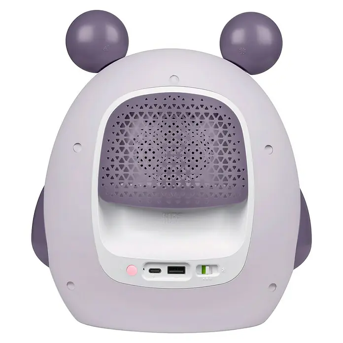 Altavoz Bluetooth Coco Koala - Violeta, 15 W - Parte trasera de un reloj infantil color lavanda con rejilla de altavoz, puertos y orejas redondas para un diseño infantil.