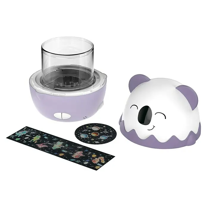 Lámpara de sobremesa LED Coco Koala - Violeta, RGBW - Primer plano de un calientabiberones y luz nocturna combinados en colores suaves, ideal para el cuidado nocturno del bebé.