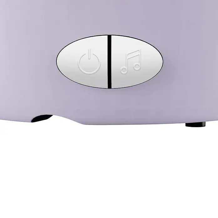 Lámpara de sobremesa LED Coco Koala - Violeta, RGBW - Primer plano de un dispositivo con un botón ovalado con un símbolo de encendido y una nota musical.