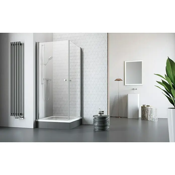 Corniche Eckdusche Light - L x B x H: 90 x 90 x 190 cm, Unbeschichtet, Silber, Glasstärke: 5 mm - Elegante Duschkabine mit klarem Glas und Chrom-Beschlägen, die ein modernes Badezimmerdesign ergänzt. Für entspannte Duschmomente.