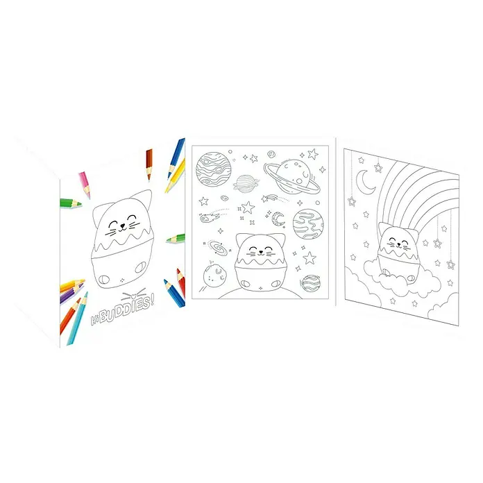 Lámpara de sobremesa LED Mía Gato - Rosa, RGBW - Libro para colorear con tres páginas con diversos diseños para colorear que incluyen gatos, planetas y un arcoíris.