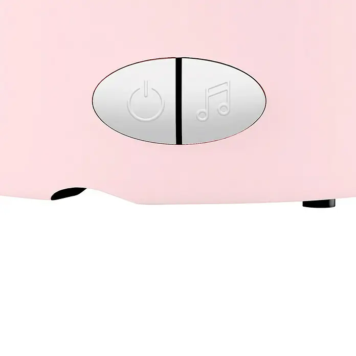 Lámpara de sobremesa LED Mía Gato - Rosa, RGBW - Primer plano de un producto rosa con botones plateados para encendido/apagado y control de música.