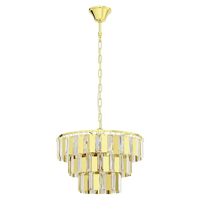 Eglo Lámpara colgante redonda Erseka - 40 W, Ø x Al: 38,5 x 130 cm, Oro, E14 - Primer plano de una lámpara de araña dorada con elementos de cristal transparente que cuelga de una cadena del techo.