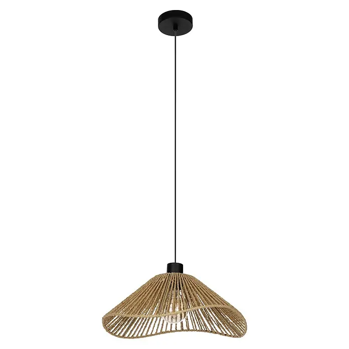 Eglo Lámpara colgante redonda Lavister - 40 W, Ø x Al: 39 x 110 cm, Marrón, E27 - Lámpara colgante con pantalla de cuerda y herrajes negros para un toque rústico y elegante.