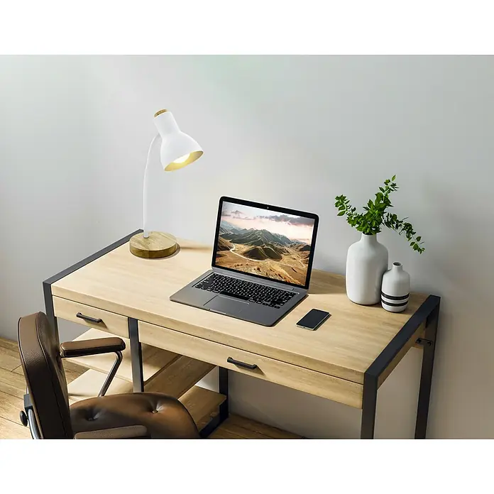 Eglo Lámpara de sobremesa Veradal - 40 W, L x An x Al: 16 x 12,5 x 49 cm, Blanco, E27 - Escritorio con portátil y lámpara para el lugar de trabajo. Ideal para la oficina en casa o la oficina, mobiliario elegante y funcional.