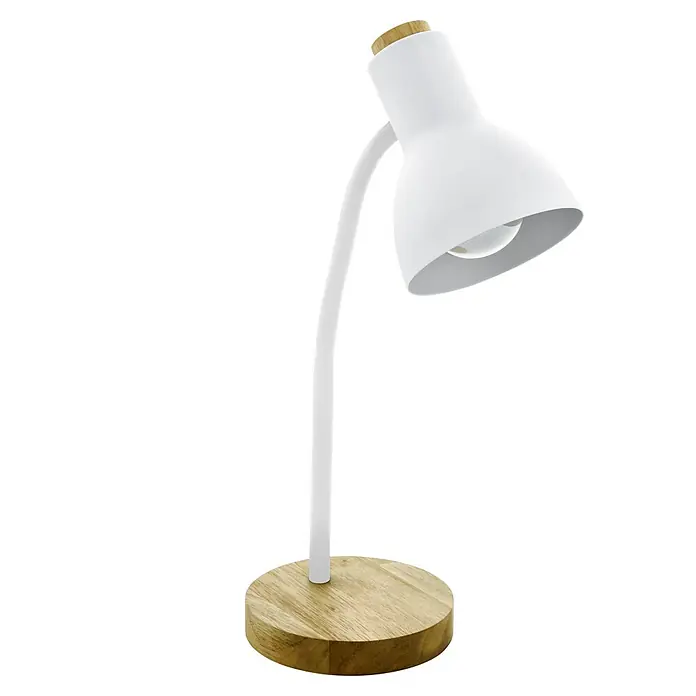 Eglo Lámpara de sobremesa Veradal - 40 W, L x An x Al: 16 x 12,5 x 49 cm, Blanco, E27 - Esta imagen muestra una elegante lámpara de escritorio blanca con base de madera, que combina diseño moderno e iluminación funcional.