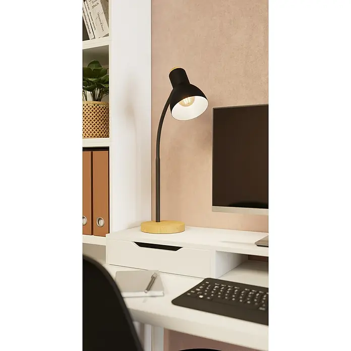 Eglo Lámpara de sobremesa Veradal - 40 W, L x An x Al: 16 x 12,5 x 49 cm, Negro, E27 - Una elegante lámpara de escritorio negra con luz cálida y base de madera, perfecta para cualquier espacio de trabajo moderno.