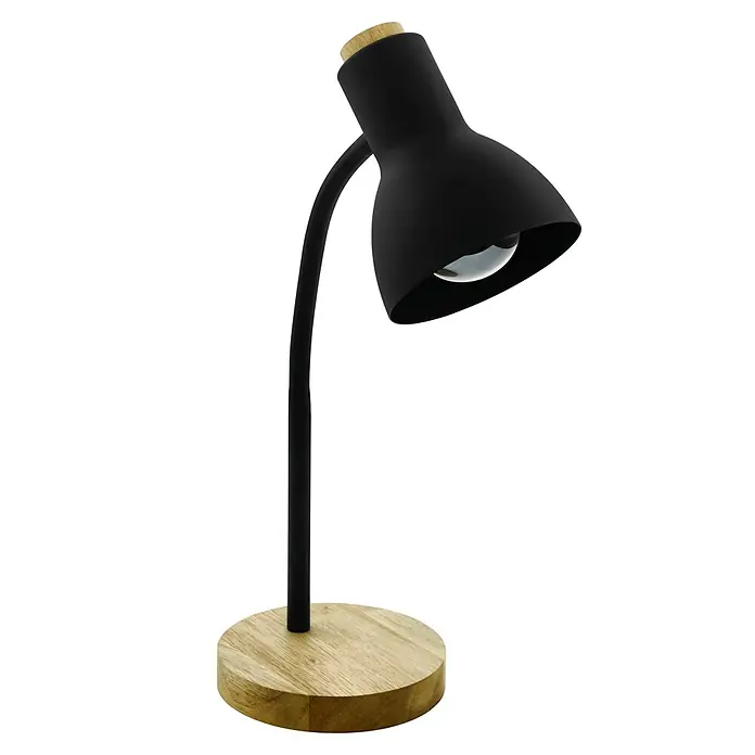 Eglo Lámpara de sobremesa Veradal - 40 W, L x An x Al: 16 x 12,5 x 49 cm, Negro, E27 - Elegante lámpara de escritorio negra con base de madera, que fusiona funcionalidad y estilo. Ideal para cualquier espacio de trabajo, asegurando una iluminación óptima.