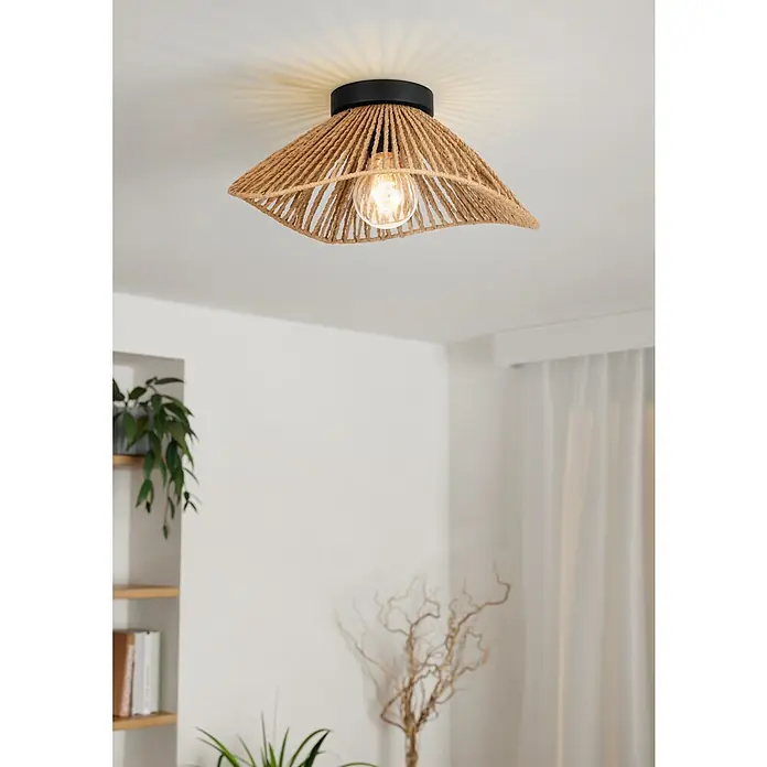 Eglo Plafón redondo Lavister - 40 W, Ø x Al: 39 x 17,5 cm, Marrón, E27 - Una lámpara de techo moderna con una pantalla de cuerda natural y una base negra. Perfecta para interiores elegantes con un toque natural.