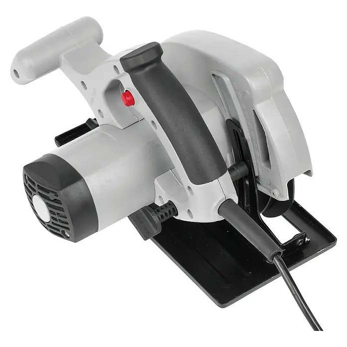 PowerPlus Sierra circular de mano POWC2020 - 800 W, Diámetro hoja de sierra: 140 mm, Profundidad de corte a 90 °: 45 mm - Una sierra circular eléctrica gris con mango y cable negros, ideal para proyectos de carpintería y bricolaje.