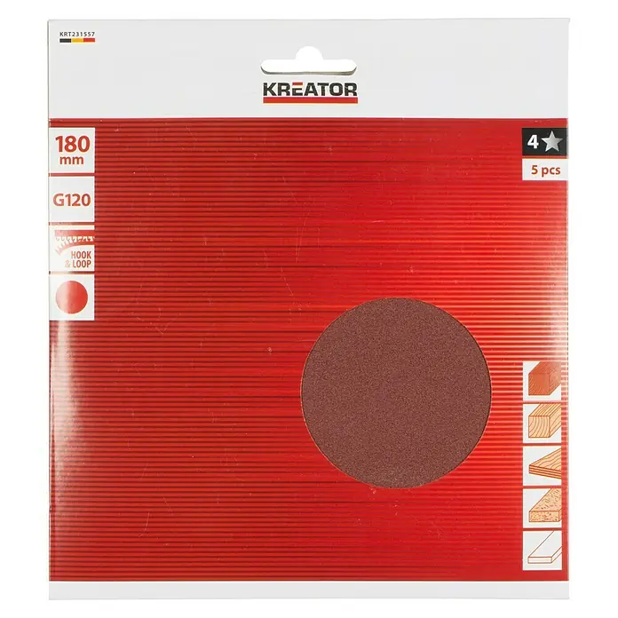 Kreator Set de hojas de lija - Grano: 120 mm, 5 ud. - Paquete de discos de lija KREATOR, diámetro 180 mm, grano G120, 5 unidades, con fijación de velcro.