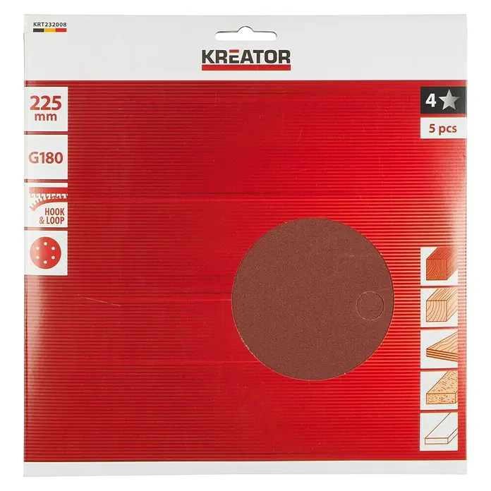 Kreator Set de hojas de lija - Diámetro: 225 mm, Grano: 180 mm, 5 ud. - Juego de discos de lijado Kreator, diámetro de 225 mm, grano G180, 5 unidades, para carpintería con fijación de velcro.