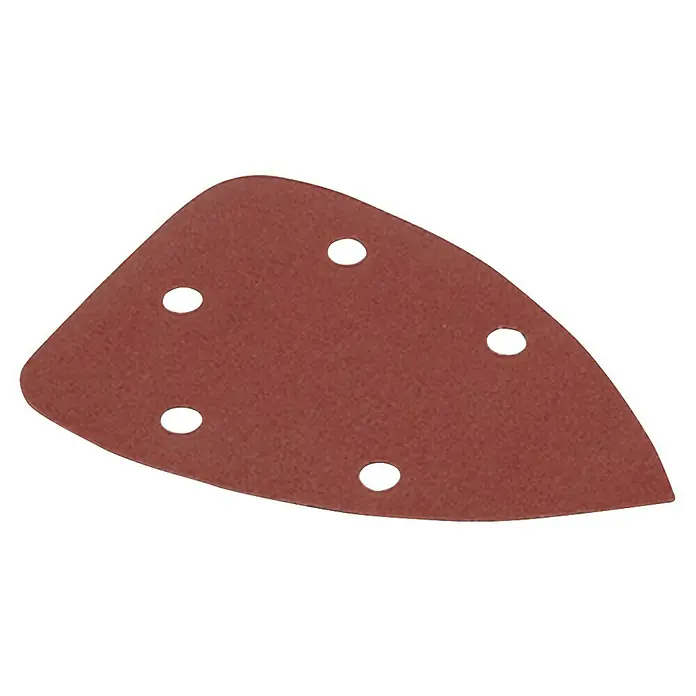 Kreator Hoja de lija KRT - Grano: 120, 5 ud., Perforado - Papel de lija triangular con cinco agujeros. El papel de lija es de color marrón rojizo y es adecuado para lijadoras delta para trabajar madera u otras superficies.