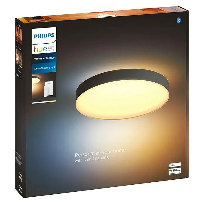 Philips Hue LED-Deckenleuchte rund White Ambience Enrave XL - 48 W, Ø x H: 55,1 x 8,4 cm, Schwarz, Kaltweiß - Die Verpackung der Philips Hue Enrave XL Deckenleuchte mit White Ambiance Funktion für ein personalisiertes Smart Home.