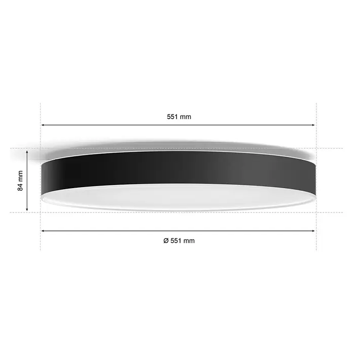 Philips Hue LED-Deckenleuchte rund White Ambience Enrave XL - 48 W, Ø x H: 55,1 x 8,4 cm, Schwarz, Kaltweiß - Abbildung einer runden, schwarzen Deckenleuchte mit den Maßen 551 mm Durchmesser und 84 mm Höhe. Moderne Beleuchtung für Ihr Zuhause.