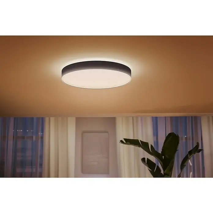 Philips Hue LED-Deckenleuchte rund White Ambience Enrave XL - 48 W, Ø x H: 55,1 x 8,4 cm, Schwarz, Kaltweiß - Runde Deckenleuchte mit grauem Rand und sanftem, diffusem Licht, die eine gemütliche Atmosphäre in jedem Raum schafft.