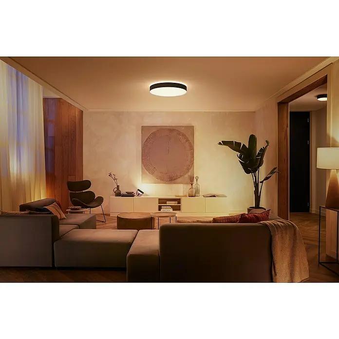 Philips Hue LED-Deckenleuchte rund White Ambience Enrave XL - 48 W, Ø x H: 55,1 x 8,4 cm, Schwarz, Kaltweiß - Stilvolles Wohnzimmer mit einer modernen Deckenleuchte in der Mitte. Die Leuchte erhellt den Raum mit warmem, einladendem Licht.