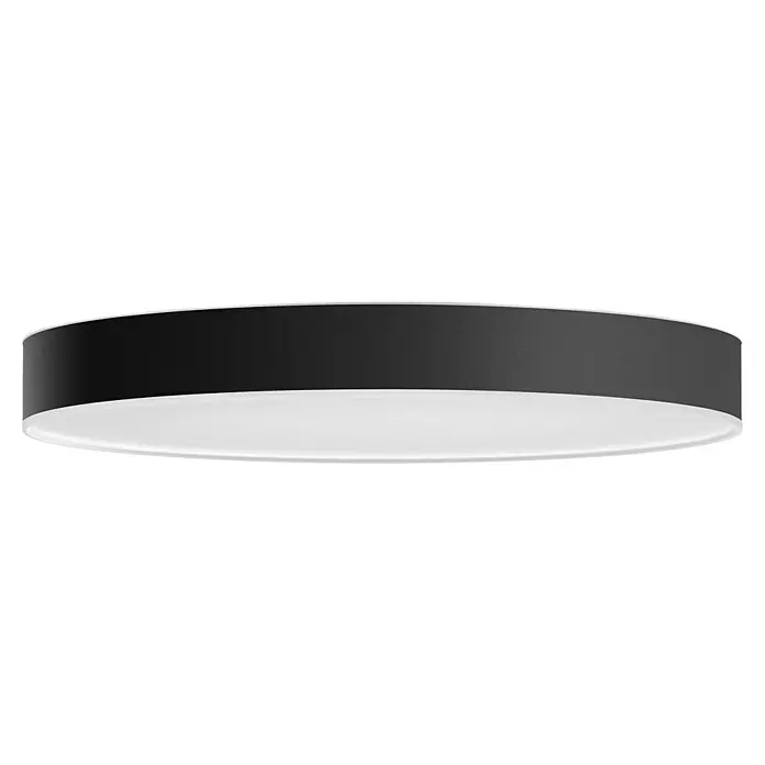 Philips Hue LED-Deckenleuchte rund White Ambience Enrave XL - 48 W, Ø x H: 55,1 x 8,4 cm, Schwarz, Kaltweiß - Nahaufnahme einer runden, schwarzen LED-Deckenleuchte mit einem weissen, diffusen Diffusor, der für eine gleichmäßige Lichtverteilung sorgt.