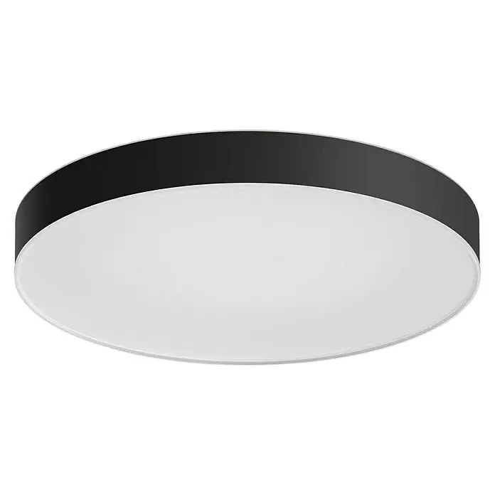 Philips Hue LED-Deckenleuchte rund White Ambience Enrave XL - 48 W, Ø x H: 55,1 x 8,4 cm, Schwarz, Kaltweiß - Eine moderne, runde Deckenleuchte mit einem schwarzen Rahmen und einer weißen, diffusen Lichtfläche. Sie sorgt für eine gleichmäßige Ausleuchtung.