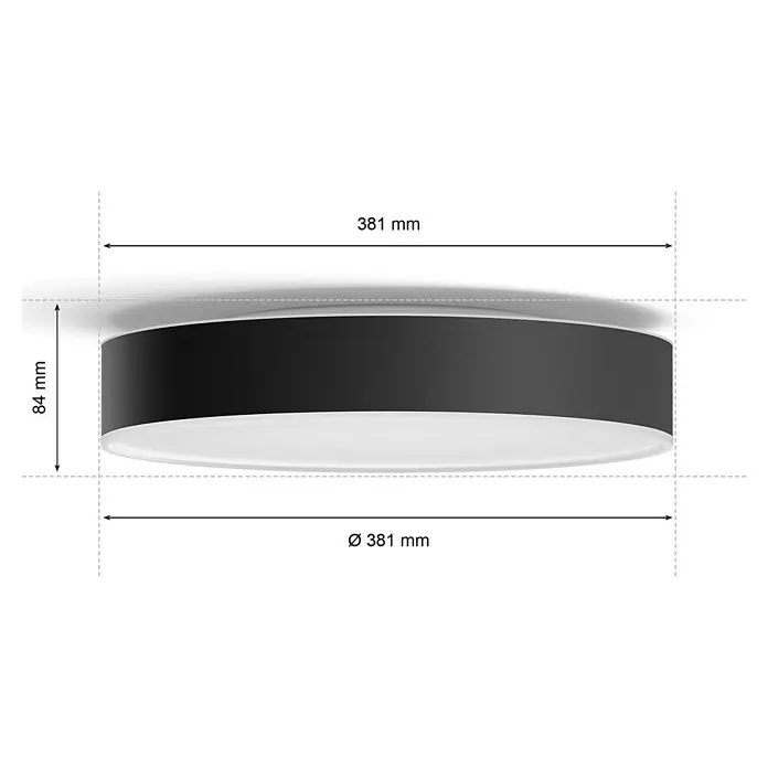 Philips Hue LED-Deckenleuchte rund White Ambience Enrave M - 19 W, Ø x H: 38,1 x 8,4 cm, Schwarz, Kaltweiß - Produktabbildung einer LED-Deckenleuchte in Schwarz und Weiß mit den Maßen 381mm Durchmesser und 84mm Höhe.