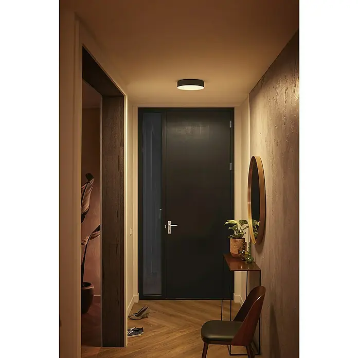 Philips Hue LED-Deckenleuchte rund White Ambience Enrave S - 10 W, Ø x H: 26,1 x 6,6 cm, Schwarz, Kaltweiß - Eine stilvolle Szene mit einer modernen Deckenleuchte, die einen Flur mit einer Tür und einem Tisch mit Dekoration beleuchtet.