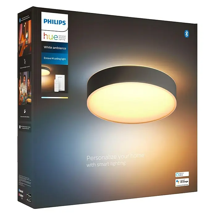 Philips Hue LED-Deckenleuchte rund White Ambience Enrave M - 19 W, Ø x H: 38,1 x 8,4 cm, Schwarz, Kaltweiß - Verpackung der Philips Hue Enrave M Deckenleuchte mit dem Hinweis auf personalisierbare, smarte Beleuchtung und Sprachsteuerung.