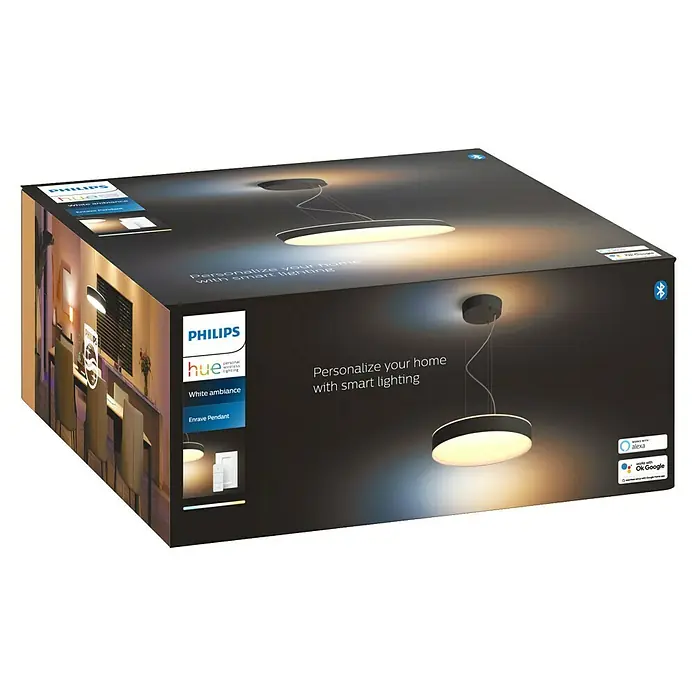 Philips Hue LED-Pendelleuchte rund White Ambience Enrave - 34 W, Ø x H: 42,5 x 12,5 cm, Schwarz, Kaltweiß - Das Bild zeigt eine Philips Hue White Ambiance Enrave Pendelleuchte Verpackung, die intelligentes Licht für Ihr Zuhause verspricht.