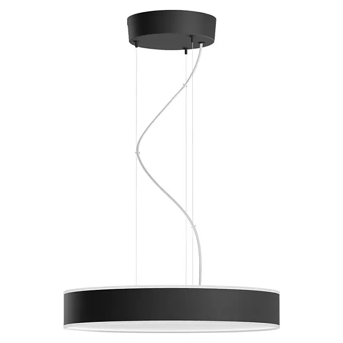 Philips Hue LED-Pendelleuchte rund White Ambience Enrave - 34 W, Ø x H: 42,5 x 12,5 cm, Schwarz, Kaltweiß - Nahaufnahme einer modernen schwarzen LED-Hängeleuchte mit kreisförmigem Design, die Eleganz und modernes Ambiente ausstrahlt.