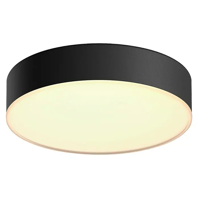 Philips Hue LED-Deckenleuchte rund White Ambience Enrave S - 10 W, Ø x H: 26,1 x 6,6 cm, Schwarz, Kaltweiß - Nahaufnahme einer modernen, runden Deckenleuchte mit schwarzem Rand und sanftem, diffusem Licht. Ideal für stilvolle Innenräume.