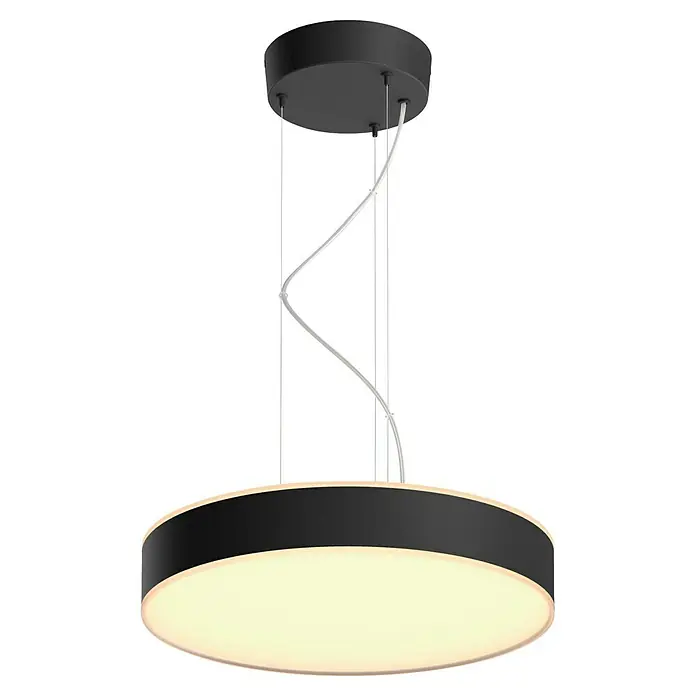 Philips Hue LED-Pendelleuchte rund White Ambience Enrave - 34 W, Ø x H: 42,5 x 12,5 cm, Schwarz, Kaltweiß - Moderne, runde LED-Hängeleuchte mit schwarzem Rand und warmweißem Licht, ideal für stilvolle Innenräume.