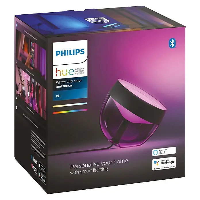 Philips Hue LED-Tischleuchte Iris - Schwarz/Transparent, Höhe: 19,4 cm - Nahaufnahme der Verpackung einer Philips Hue Iris Lampe, die eine stimmungsvolle, farbige Beleuchtung für Ihr Zuhause bietet.