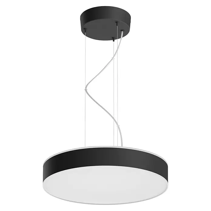 Philips Hue LED-Pendelleuchte rund White Ambience Enrave - 34 W, Ø x H: 42,5 x 12,5 cm, Schwarz, Kaltweiß - Eine moderne LED-Pendelleuchte mit einem runden, schwarzen Rahmen und einer hellen, diffusen Lichtfläche, die ein elegantes Design bietet.