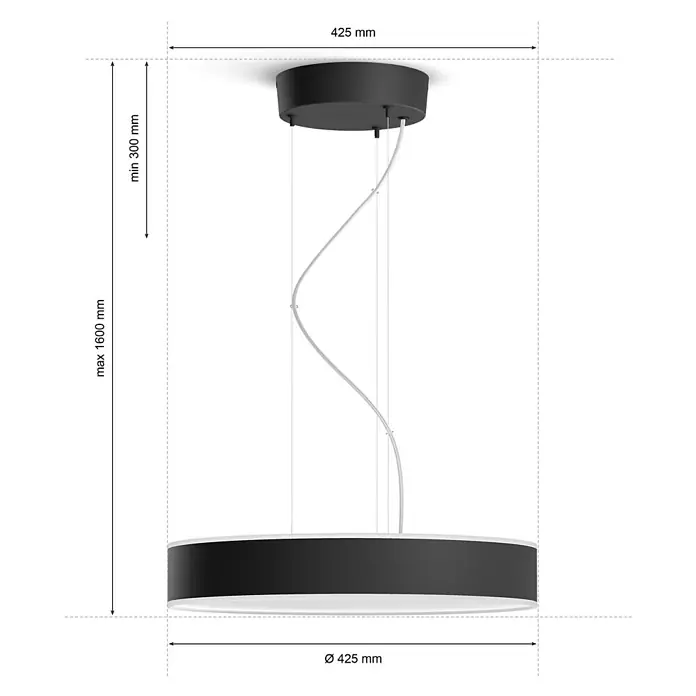 Philips Hue LED-Pendelleuchte rund White Ambience Enrave - 34 W, Ø x H: 42,5 x 12,5 cm, Schwarz, Kaltweiß - Abbildung einer runden, schwarzen Hängeleuchte mit den Maßen 425 mm Durchmesser und einer variablen Höhe von 300 bis 1600 mm.