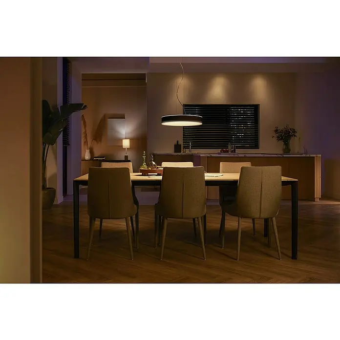 Philips Hue LED-Pendelleuchte rund White Ambience Enrave - 34 W, Ø x H: 42,5 x 12,5 cm, Schwarz, Kaltweiß - Innenaufnahme eines Esszimmers mit einem Esstisch und vier Stühlen, beleuchtet von einer modernen Pendelleuchte.