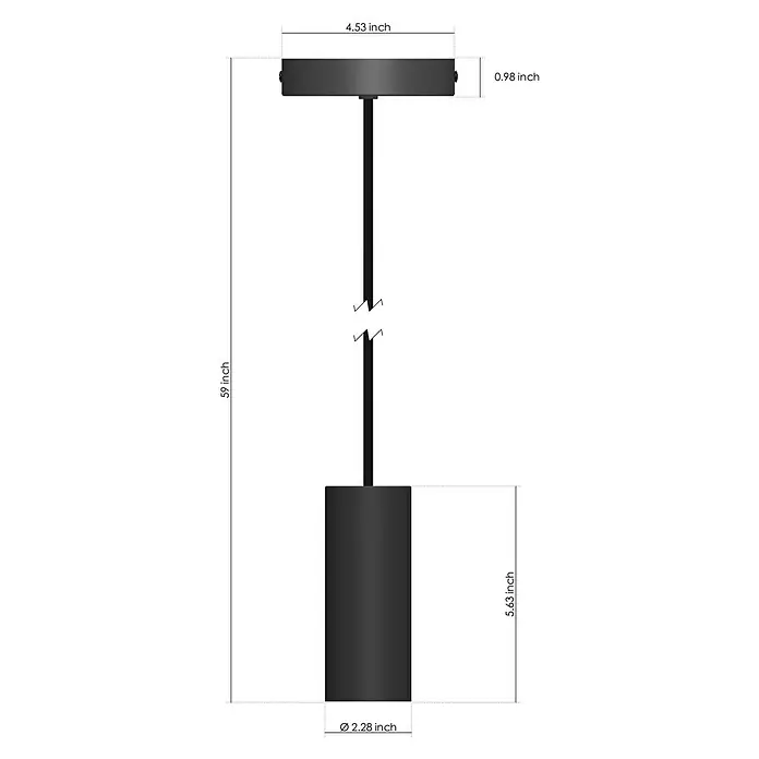 Philips Hue Pendelleuchte Kordel - E27, 1.500 mm - Abbildung einer schwarzen Pendelleuchte mit Maßangaben zu Durchmesser, Höhe und anderen Abmessungen.