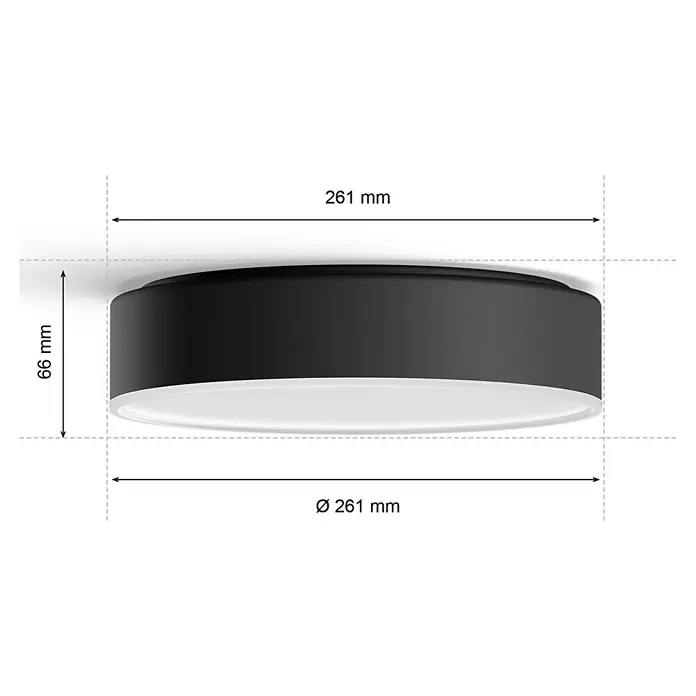 Philips Hue LED-Deckenleuchte rund White Ambience Enrave S - 10 W, Ø x H: 26,1 x 6,6 cm, Schwarz, Kaltweiß - Abbildung einer schwarzen Deckenleuchte mit den Maßen 261 mm Durchmesser und 66 mm Höhe.