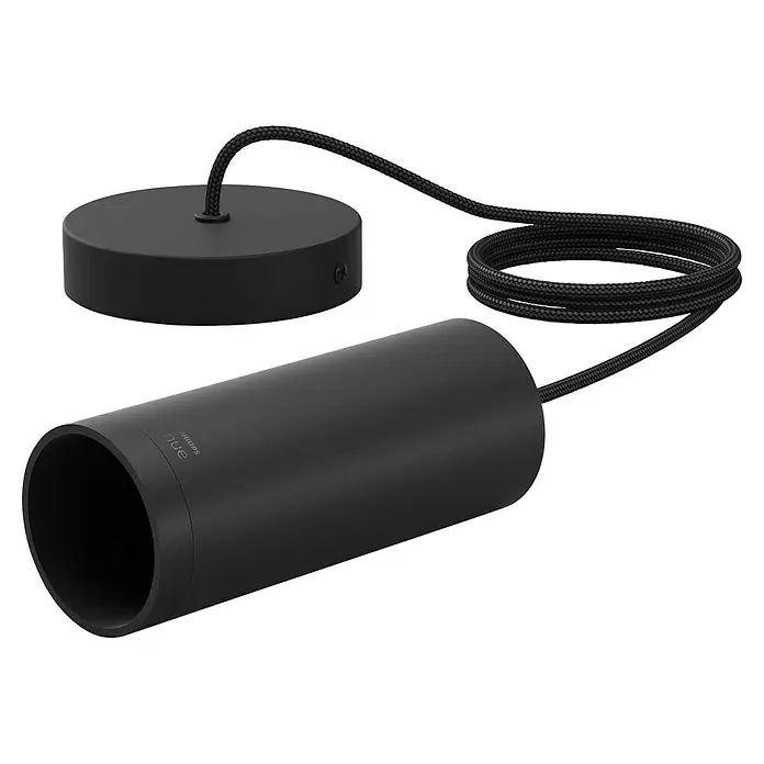 Philips Hue Pendelleuchte Kordel - E27, 1.500 mm - Schwarze Philips Hue Deckenleuchte mit zylindrischem Lampenschirm und geflochtenem Kabel für moderne Beleuchtungslösungen.