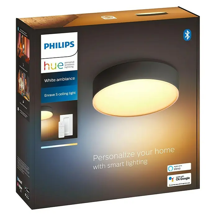 Philips Hue LED-Deckenleuchte rund White Ambience Enrave S - 10 W, Ø x H: 26,1 x 6,6 cm, Schwarz, Kaltweiß - Die Verpackung der Philips Hue Enrave S Deckenleuchte in Weiß Ambiente, die eine intelligente Beleuchtungslösung für Ihr Zuhause bietet.